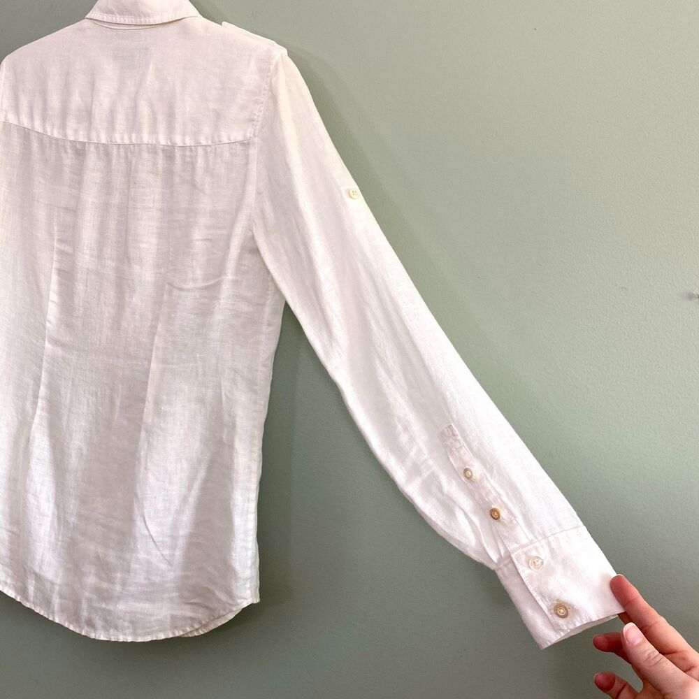 Martin & Osa Linen Shirt Button Up Roll Tab Sleeve Womens 2 White Military - Picture 5 of 14